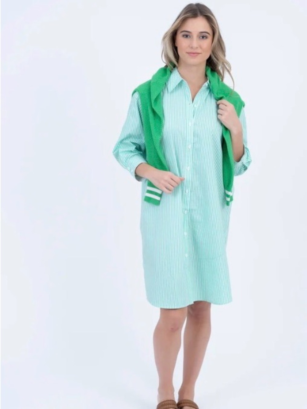 The Burgess Collection “The Striped Oxford Dress” Green & White Size X Small - Picture 2 of 12